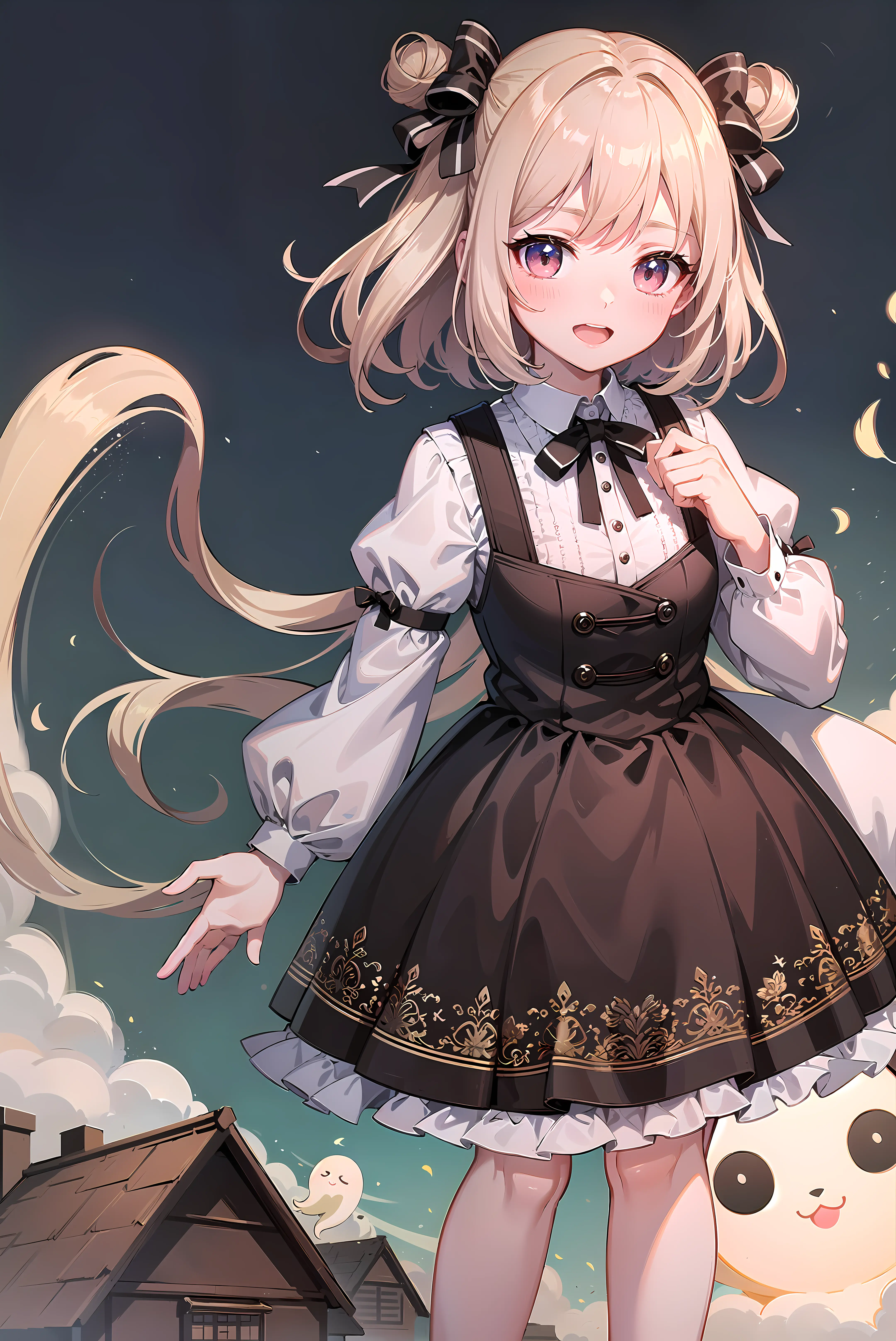 [((masterpiece, best quality:1.4)), (((extremely detailed))), sharp image:1.4, (high quality, highres:1.4)], 1girl, chibi:2, haunted theme park, haunted by chibi ghosts, cute:1.4, whimsical, glow, glowing, fun, silly, mystical, monster, small,  girl