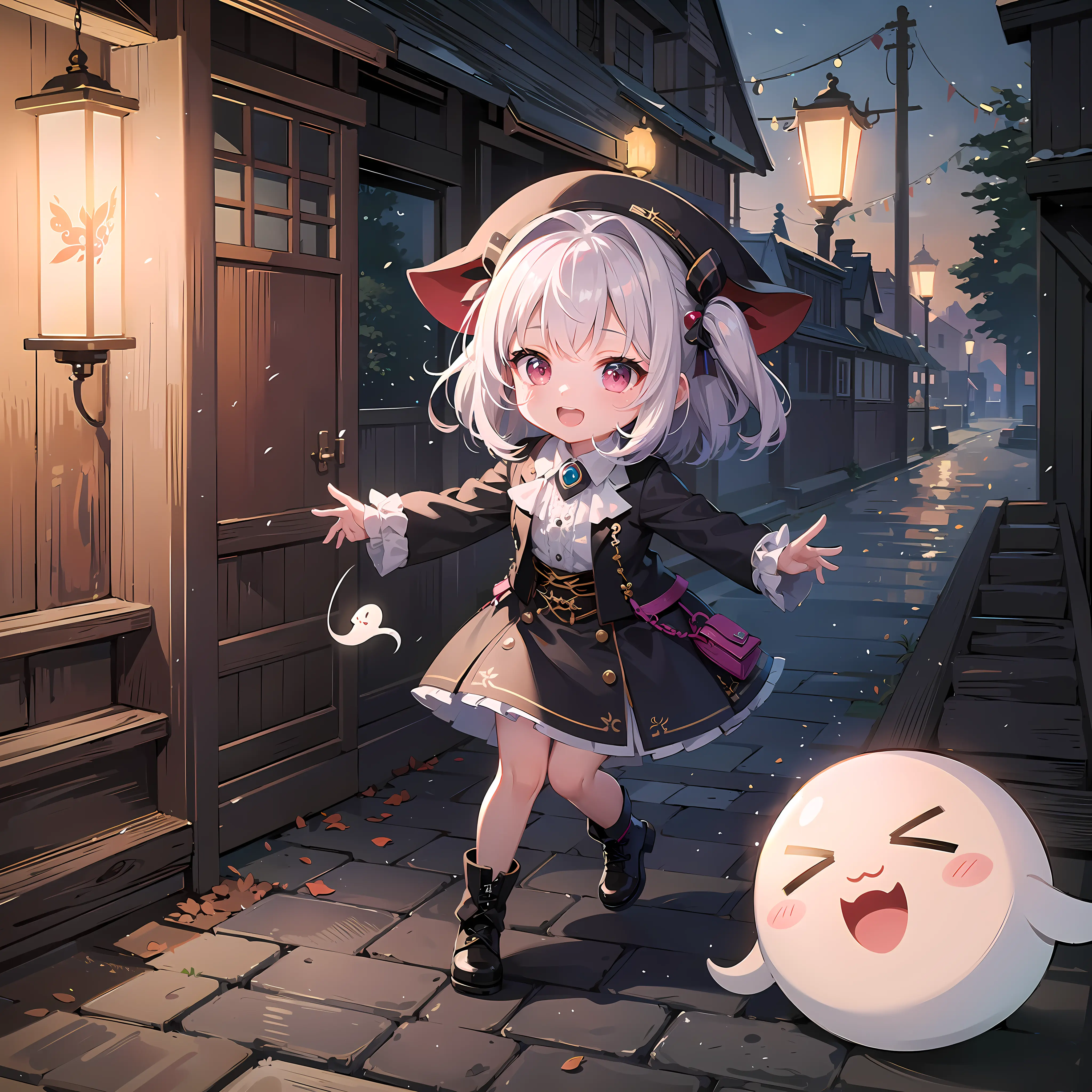[((masterpiece, best quality:1.4)), (((extremely detailed))), sharp image:1.4, (high quality, highres:1.4)], 1girl, chibi:2, haunted theme park, haunted by chibi ghosts, cute:1.4, whimsical, glow, glowing, fun, silly, mystical, monster, small,  girl