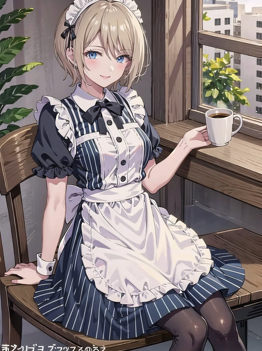 <lora:AkaneHououji:0.8> akaneh, 1girl, solo, looking at viewer, smile, short hair, blue eyes, blonde hair, dress, holding, hair between eyes, sitting, short sleeves, pantyhose, frills, striped, apron, cup, black pantyhose, maid, maid headdress, copyright name, table, vertical stripes, mug, striped dress, coffee, vertical-striped dress, <lyco:GoodHands-beta2:1.0>