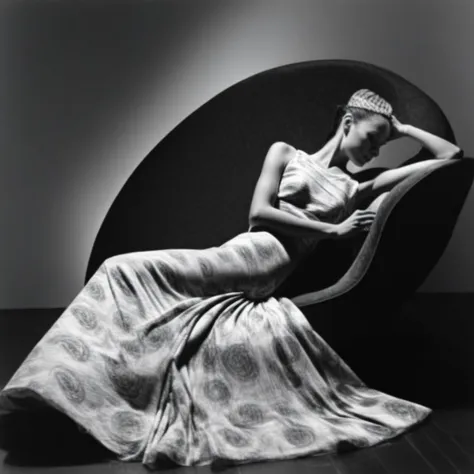 including an exaggerated headpiece or hairstyle that creates a tall, adding a sense of scale and atmosphere to the scene.​​​​​​​​​​​​​​​​, drama, reclining slightly with one arm resting on the chair. The gown has a fitted bodice that accentuates her figure, wearing a flowing dress with an intricate patterned design. The dress appears to be swirling around her as she sits on the floor with her back turned, only wearing a white tank top and panties. The woman is shown from the side