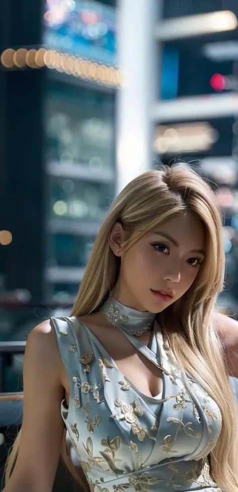 (Highest quality、4K、8k、High resolution、masterpiece:1.2)、Very detailed、(Genuine、Realistic、Realistic:1.3)、bustling street、Ear piercing、、Gal Makeup、Gal Fashion、((Blonde))、Gold Necklace、Gold Bracelets、Gold chain