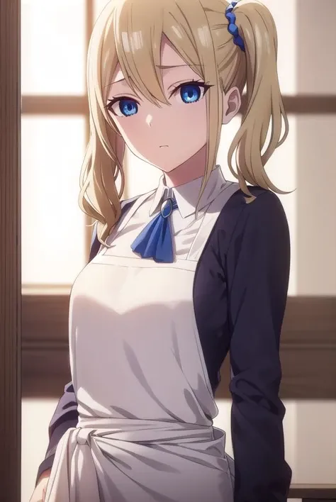 aihayasaka, <lora:ai hayasaka s3-lora-nochekaiser:1>,
ai hayasaka, bangs, blue eyes, blonde hair, hair ornament, hair between eyes, sidelocks, side ponytail, scrunchie, hair scrunchie, blue scrunchie,
BREAK shirt, long sleeves, dress, white shirt, collared shirt, apron, maid, maid headdress, ascot, waist apron,
BREAK indoors, classroom,
BREAK looking at viewer, (cowboy shot:1.5),
BREAK <lyco:GoodHands-beta2:1>, (masterpiece:1.2), best quality, high resolution, unity 8k wallpaper, (illustration:0.8), (beautiful detailed eyes:1.6), extremely detailed face, perfect lighting, extremely detailed CG, (perfect hands, perfect anatomy),