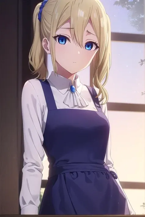 aihayasaka, <lora:ai hayasaka s3-lora-nochekaiser:1>,
ai hayasaka, bangs, blue eyes, blonde hair, hair ornament, hair between eyes, sidelocks, side ponytail, scrunchie, hair scrunchie, blue scrunchie,
BREAK shirt, long sleeves, dress, white shirt, collared shirt, apron, maid, maid headdress, ascot, waist apron,
BREAK indoors, classroom,
BREAK looking at viewer, (cowboy shot:1.5),
BREAK <lyco:GoodHands-beta2:1>, (masterpiece:1.2), best quality, high resolution, unity 8k wallpaper, (illustration:0.8), (beautiful detailed eyes:1.6), extremely detailed face, perfect lighting, extremely detailed CG, (perfect hands, perfect anatomy),
