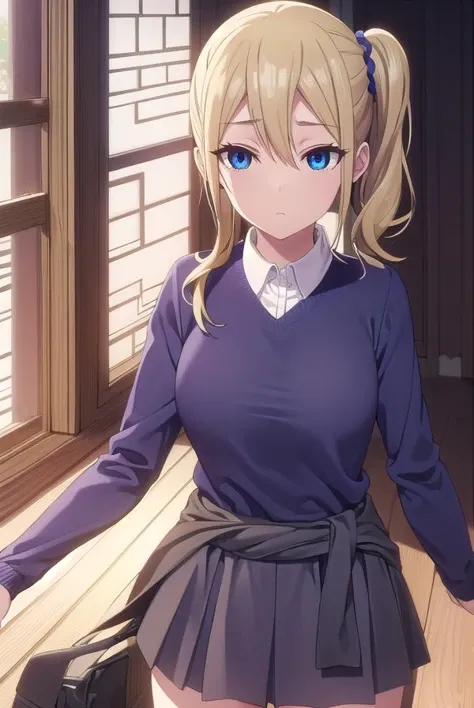 aihayasaka, <lora:ai hayasaka s3-lora-nochekaiser:1>,
ai hayasaka, bangs, blue eyes, blonde hair, hair ornament, hair between eyes, sidelocks, side ponytail, scrunchie, hair scrunchie, blue scrunchie,
BREAK shirt, long sleeves, school uniform, shoes, socks, sweater, cardigan, black socks, clothes around waist, shuuchiin academy school uniform, sweater around waist, cardigan around waist,
BREAK indoors, classroom,
BREAK looking at viewer, (cowboy shot:1.5),
BREAK <lyco:GoodHands-beta2:1>, (masterpiece:1.2), best quality, high resolution, unity 8k wallpaper, (illustration:0.8), (beautiful detailed eyes:1.6), extremely detailed face, perfect lighting, extremely detailed CG, (perfect hands, perfect anatomy),