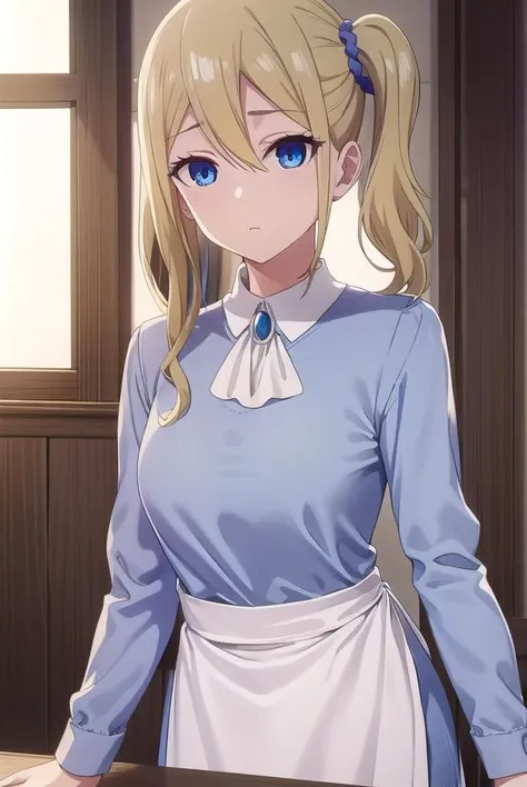 aihayasaka, <lora:ai hayasaka s3-lora-nochekaiser:1>,
ai hayasaka, bangs, blue eyes, blonde hair, hair ornament, hair between eyes, sidelocks, side ponytail, scrunchie, hair scrunchie, blue scrunchie,
BREAK shirt, long sleeves, dress, white shirt, collared shirt, apron, maid, maid headdress, ascot, waist apron,
BREAK indoors, classroom,
BREAK looking at viewer, (cowboy shot:1.5),
BREAK <lyco:GoodHands-beta2:1>, (masterpiece:1.2), best quality, high resolution, unity 8k wallpaper, (illustration:0.8), (beautiful detailed eyes:1.6), extremely detailed face, perfect lighting, extremely detailed CG, (perfect hands, perfect anatomy),