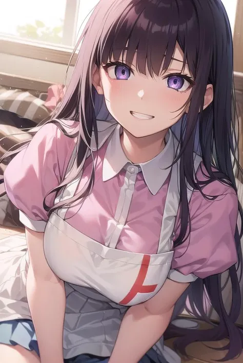 mikantsumiki, <lyco:mikantsumiki-lyco-nochekaiser:1>,
mikan tsumiki, long hair, purple hair, (purple eyes:1.1), bangs, blunt bangs, smile, grin,
BREAK apron, bandaged leg, bandages, collared shirt, miniskirt, pink shirt, pleated skirt, puffy short sleeves, puffy sleeves, shirt, short sleeves, skirt, two-tone shirt, white apron, white shirt,
BREAK looking at viewer,
BREAK indoors,
BREAK <lyco:GoodHands-beta2:1>, (masterpiece:1.2), best quality, high resolution, unity 8k wallpaper, (illustration:0.8), (beautiful detailed eyes:1.6), extremely detailed face, perfect lighting, extremely detailed CG, (perfect hands, perfect anatomy),