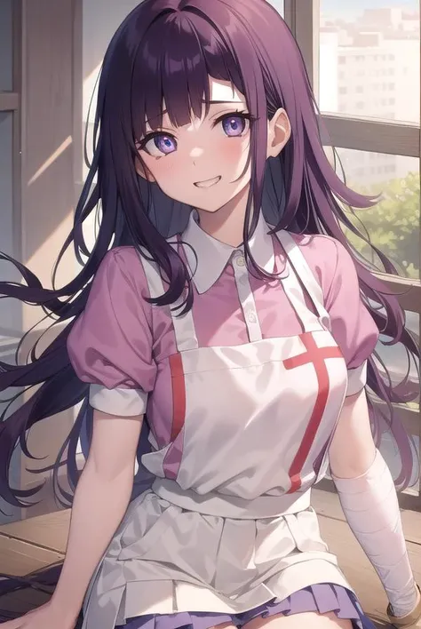 mikantsumiki, <lyco:mikantsumiki-lyco-nochekaiser:1>,
mikan tsumiki, long hair, purple hair, (purple eyes:1.1), bangs, blunt bangs, smile, grin,
BREAK apron, bandaged leg, bandages, collared shirt, miniskirt, pink shirt, pleated skirt, puffy short sleeves, puffy sleeves, shirt, short sleeves, skirt, two-tone shirt, white apron, white shirt,
BREAK looking at viewer,
BREAK indoors,
BREAK <lyco:GoodHands-beta2:1>, (masterpiece:1.2), best quality, high resolution, unity 8k wallpaper, (illustration:0.8), (beautiful detailed eyes:1.6), extremely detailed face, perfect lighting, extremely detailed CG, (perfect hands, perfect anatomy),