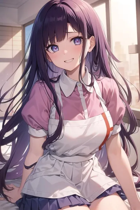 mikantsumiki, <lyco:mikantsumiki-lyco-nochekaiser:1>,
mikan tsumiki, long hair, purple hair, (purple eyes:1.1), bangs, blunt bangs, smile, grin,
BREAK apron, bandaged leg, bandages, collared shirt, miniskirt, pink shirt, pleated skirt, puffy short sleeves, puffy sleeves, shirt, short sleeves, skirt, two-tone shirt, white apron, white shirt,
BREAK looking at viewer,
BREAK indoors,
BREAK <lyco:GoodHands-beta2:1>, (masterpiece:1.2), best quality, high resolution, unity 8k wallpaper, (illustration:0.8), (beautiful detailed eyes:1.6), extremely detailed face, perfect lighting, extremely detailed CG, (perfect hands, perfect anatomy),