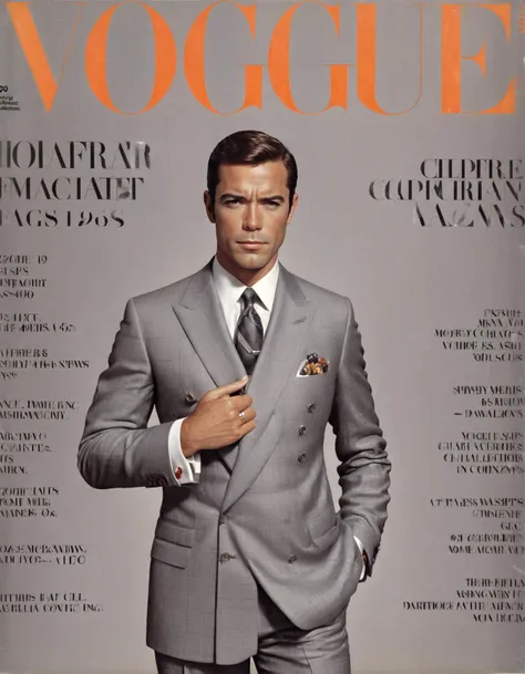 ironman double-breasted suits, skinny ties, sharp tailoring, Mad Men-inspired, sleek sophistication, Esquire 60s Special, office chic.,highly intricate,(VOGUE Cover Magazine:1.15),1968, 60s, black letters, hyper detailed, photorealistic,,