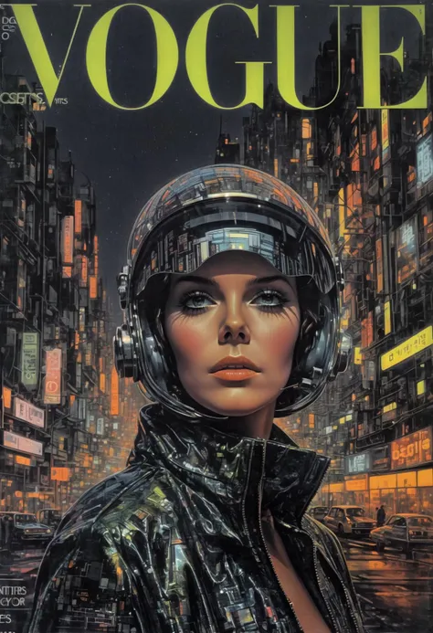She, futuristic materials, urban chic, neon streetlights, reflective surfaces, avant-garde design, cyberpunk vibes, GQ Style Magazine, neon-lit cityscape.,highly intricate,(VOGUE Cover Magazine:1.15),1968, 60s, black letters, hyper detailed, photorealistic,,