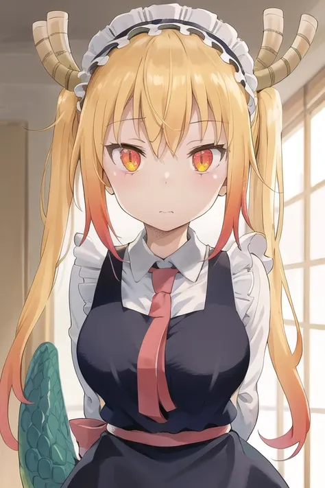 (portrait), 1girl, dragon girl, maid headdress, red necktie, arms behind back, tohru, horns, dragon tail, twintails, blonde hair, looking at viewer, solo, standing, <lora:TohruSelect-05:1>