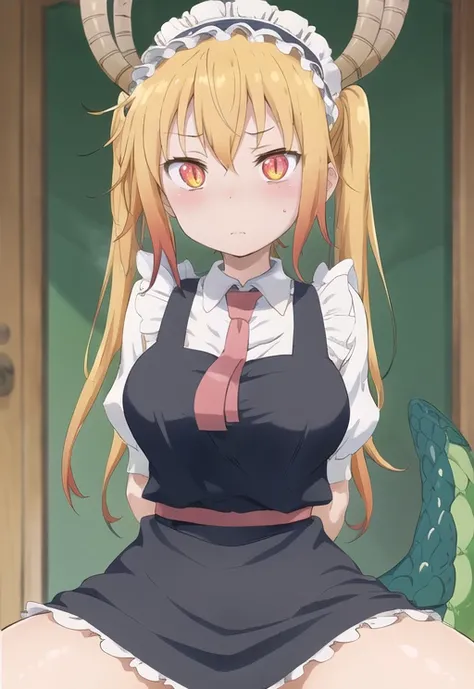 1girl, dragon girl, maid headdress, red necktie, puffy short sleeves, arms behind back, tohru, horns, dragon tail, twintails, blonde hair, looking at viewer, solo, spread legs, <lora:TohruSelect-05:1>