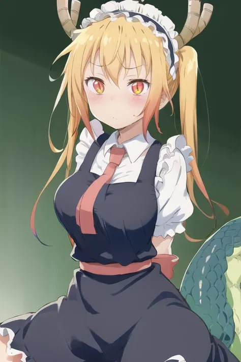 1girl, dragon girl, maid headdress, puffy short sleeves, red necktie, arms behind back, tohru, horns, dragon tail, twintails, blonde hair, looking at viewer, solo, spread legs, <lora:TohruSelect-05:1>