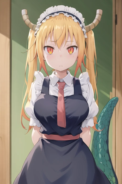 1girl, dragon girl, maid headdress, shirt, red necktie, puffy short sleeves, arms behind back, tohru, horns, dragon tail, twintails, blonde hair, looking at viewer, solo, standing, <lora:TohruSelect-05:1>