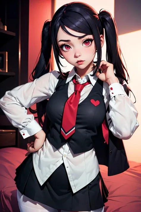 ((masterpiece, best quality, highres, UHD, perfect pixel, depth of field)), (smooth CG, photorealistic:1.1, realistic texture, detailed face), Rio, 1girl, large breasts, seductive, busty, smile, black hair, long hair, blunt bangs, (red eyes, beautiful pupils), (school uniform, cardigan, red bowtie, plaid skirt, tight skirt, miniskirt,black jacket, open jacket), street view, dynamic pose, from below, pov, look at viewer, blushing, sitting, (wide hips), cleavage 