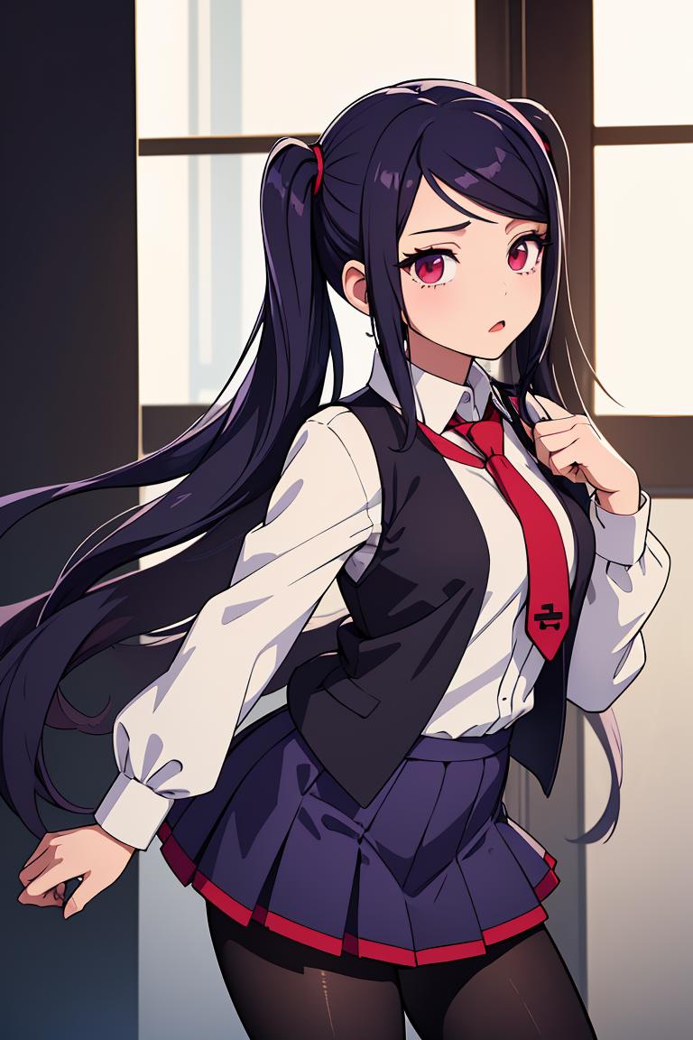 Anime girl with long black hair and a white shirt and red tie - SeaArt AI