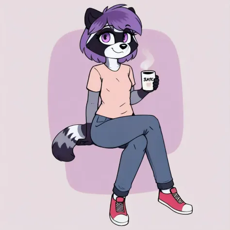 <lora:Foxandsnus_Raccoon-50:0.7>
foxandsnus_raccoon, raccoon, female, solo, 1girl, masterpiece, hair, purple eyes, purple hair, raccoon tail,
sfw, clothed, shirt, pants,
very slim, female shoes,
holding hot coffee mug,
sitting on chair, small breasts,
smiling, looking at viewer,