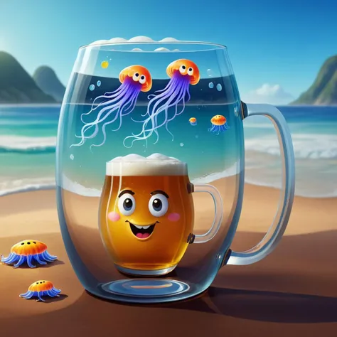 Super Mario style (Digital Artwork:1.3) of (Illustration:1.3) <lora:Smiling_Jellyfish_XL_Series:1> a beer mug with a jellyfish in it, jellyfish wearing glasses, inside a beer glass, painting of an undercover cup, trapped in tall iced tea glass, ultra realistic 3d illustration, cute 3 d render, surreal glass goblets, realistic jelly splashes, sea like jelly, melting glass, a still of a happy, ultra realistic illustration, jelly, cool glasses,CGSociety,ArtStation . Vibrant, cute, cartoony, fantasy, playful, reminiscent of Super Mario series