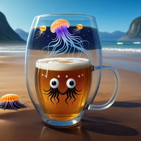 comic (Digital Artwork:1.3) of (Illustration:1.3) <lora:Smiling_Jellyfish_XL_Series:1> a jellyfish is sitting in a glass of beer, trapped in tall iced tea glass, jellyfish wearing glasses, covered with ferrofluid. dslr, inside a beer glass, character is covered in liquid, painting of an undercover cup, ultra realistic 3d illustration, drooling ferrofluid. dslr, head in a jar, drooling ferrofluid, beer mug in hand,CGSociety,ArtStation . graphic illustration, comic art, graphic novel art, vibrant, highly detailed