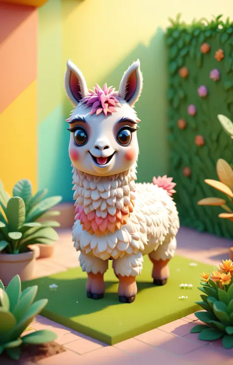 3d isometric, blender render, soft colorful-hued colors, <lora:Smiling_Jellyfish_XL_Series:1> a tiny and cute cartoon llama smiling in a small garden Two tone lighting, abstract geometric gradients, geometric shapes, simple background