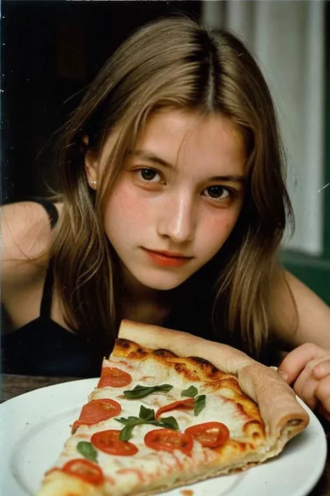 analog photo, 1girl, Italian, 18 years old, pretty, vintage, faded film, film grain, (natural skin texture, hyperrealism, soft light, sharp), eating a slice of pizza