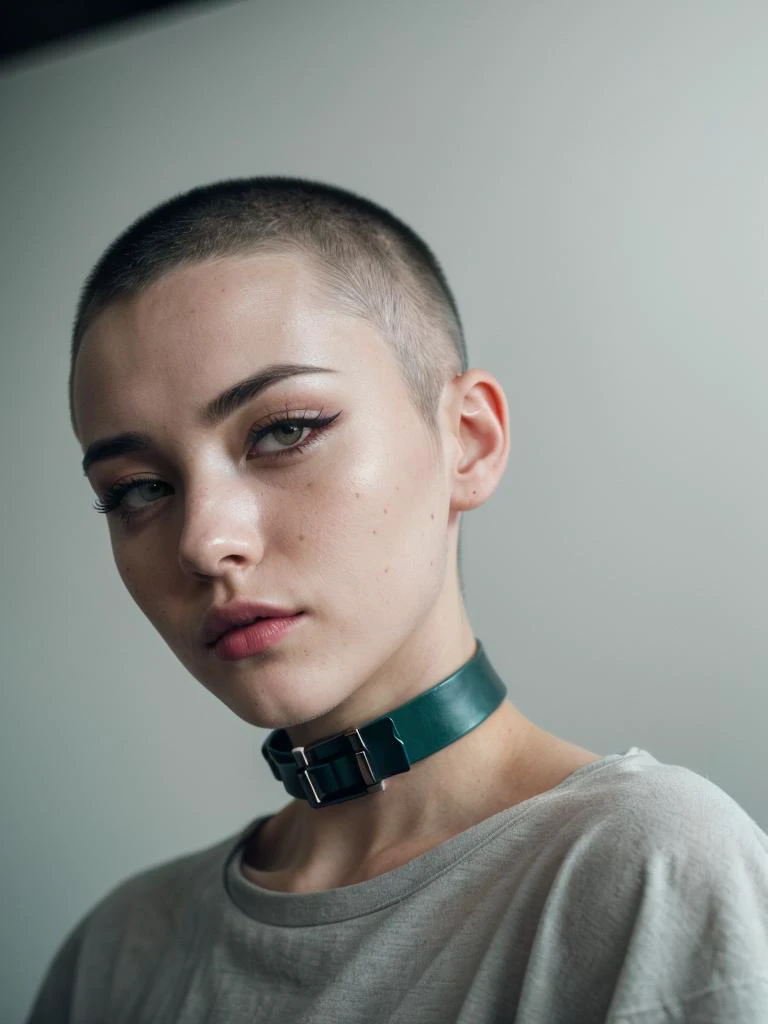 raw photo, a cute furled brow girl, silver buzz cut, 28 years old, lip liner, liquid eyeliner, rough, choker, realistic skin texture, oversize t-shirt, (Spring Green:0.8), softcore, cold lighting, morbid atmosphere, trending on Pixiv style, fashion (spring:1.1), (nsfw:0.9), highly detailed photography, (muted colors, cinematic, dim colors, soothing tones:1.2), vibrant, insanely detailed, hyperdetailed, (dark shot:1.2), (vsco:0.3)