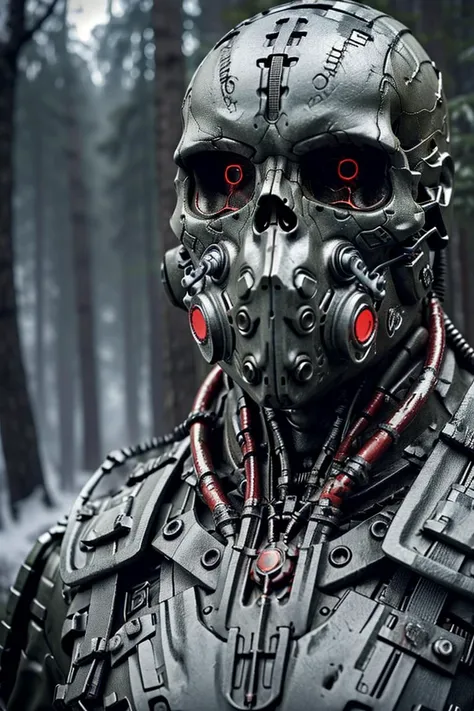 CS-RBW, (game concept), unreal engine render of a cyber (skull) robot in dense snowy forest, glowing red (terminator eyes), (gas mask), special forces, military, (light particle:1.2), (depth of field:1.4), global illumination, metallic armor, SCIENCE FICTION, ROBOT, <lora:CyberWorld_v1.1:.6> <lora:HardSurface_beta:0.6>