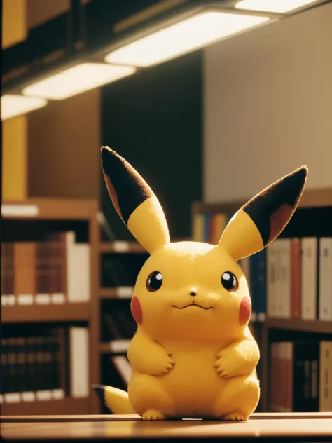 art by Brad Rigney, Marc Silvestri,close up of a Pikachu of Radiance, inside a Library, Demoscene, spotlight, Fast Shutter Speed, Iphone X, F/5, Cinestill <lora:picXer:0.3>