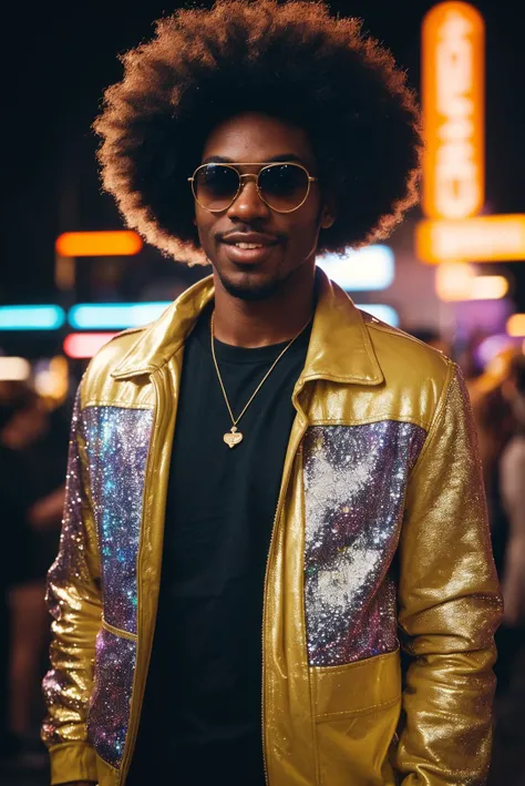 1 man, full body shot, disco, (80s, retro:1.1), dance floor, lasers, rainbow theme, a dancer man, 30 years old, sunglasses, big afro, (manly, wide jaw:1.2), dark skin, sparkly jacket, golden shirt, (vibrant colors:0.9), film grain, bokeh, fashion magazine, hdr, highly detailed photography, (muted colors, cinematic, dim colors, soothing tones:1.2), vibrant, insanely detailed, hyperdetailed, (dark shot:1.2), (vsco:0.3), (intricate details:0.9), (hdr, hyperdetailed:1.2), dancing, (smirk:0.7), disco pants, realistic, masterpiece, intricate details, detailed background, dynamic pose, RAW photo, dreamy soft focus, detailed photo, gorgeous, shallow depth of field, bokeh, volumetric lighting, iridescent skin, (surreal:0.4), hyper detailed photorealistic life-like accurate proportional 8k sharp focus, (accurate cinematic lighting), photorealistic detail