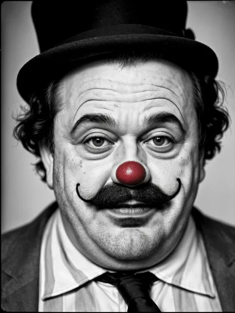 analog photo, hdr, close-up, noire tragicomedy, dark room, portrait of (a fat clown:1.1), sad, (clown, powdered face:1.09), thick cheeks, (moustache:1.05), sad smile, 50 years old, messy hair, bowler hat, pale skin, film grain, bokeh, dramatic, (vignette:0.9)