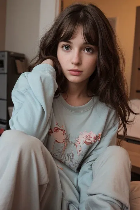 25 yo girl, brunette, close-up, girl next door, baggy clothes, night, interior, messy hair