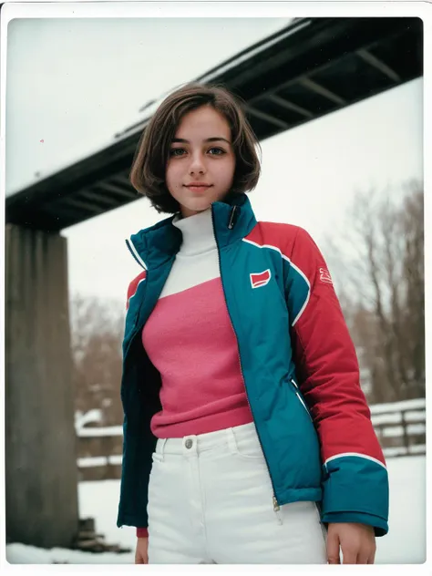 analog photo, a cute girl, bihari, 20 years old, light brown hair, petite, small tits, ski suit, zoom layer cyberpunk city, vintage, faded film, film grain, polaroid, (white frame:0.9)