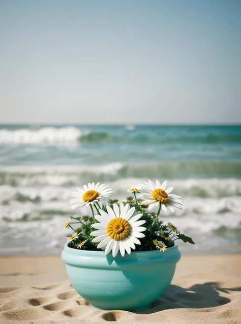 Bavarian ([Daisy:Daisies:2]:1.2) , Ceramic and Groovy, Rule of Thirds, Geeky beach, Hazy conditions, soft focus, Suffering, hard light, 50mm, professional, (sfw:1.1) <lora:picXer:0.8>