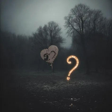 (question mark, a broken heart, depression, morbid:1.3) , (dark art by Wojciech Siudmak:0.7) and Nikolai Ge, [landscape of a 1990'S (Roseau:1.2) , spring mountains, Snowing, Reflected light::2], slate atmosphere, cinematic, dimmed colors, dark shot, muted colors, film grainy, lut, spooky