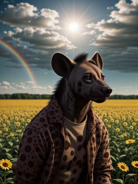 cloudscape art stylized by Hugh Kretschmer and Jeffrey Smith and (Rob Gonsalves:1.3) , photography art, [flower field, Appealing Gruesome (Hyena:1.3) , Movie still, Horror, Lens Flare, rainbow swirl, 4K, trending on CGSociety::14], (swf:1.1) <lora:picxer_real:0.8>