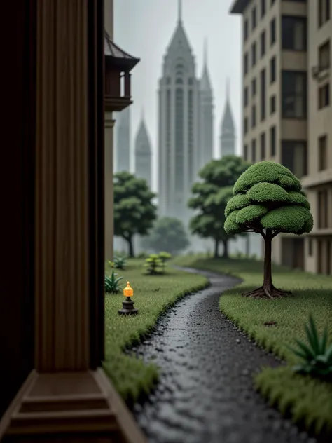 stylized by Natalie Shau, Francesco Albani, 3D print model of a Zen, landscape of a Abandoned (Spit:1.3) , cityscape with Flora, Raining, Magic Realism, Shameful, Nostalgic lighting, still, Samsung Galaxy, Depth of field 270mm, Highres, RTX, (swf:1.1) <lora:picxer_real:0.8>