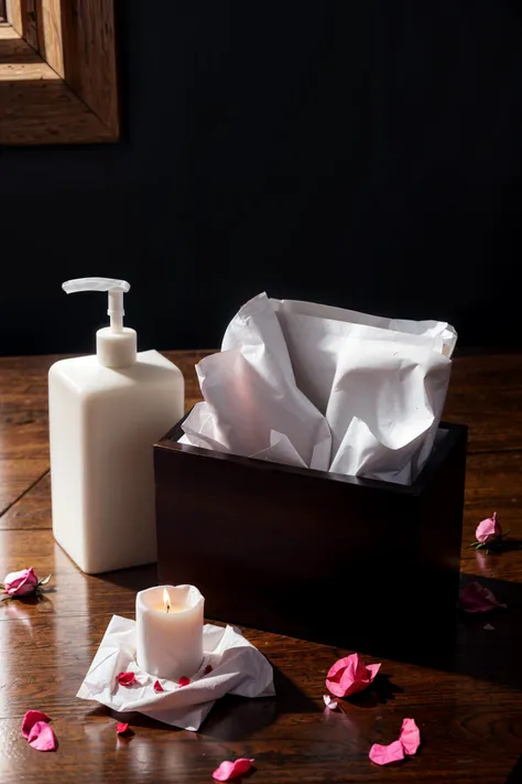 (best quality, masterpiece:1.2), hdr, no humans, moody lighting,
,tissue, tissue box, lotion bottle, rose petals, pink, white, red, valentine theme, simple background, candle
, <lora:add_detail:1> <lora:picxer_real:1>