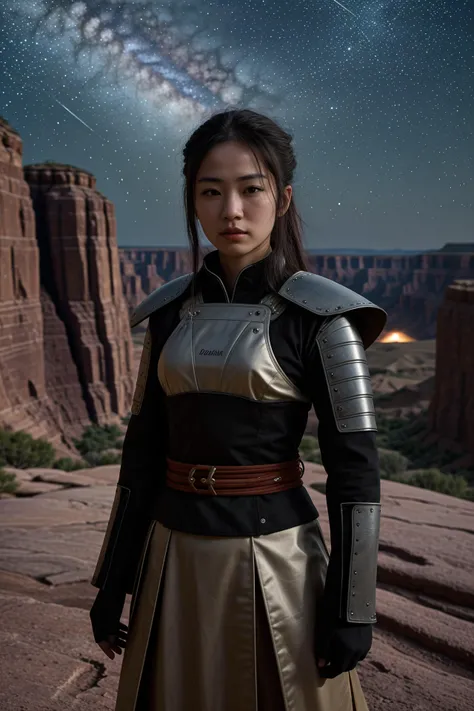 female samurai warrior, during a meteor shower with streaks of light, vast canyon system with intricate rock layers in background. Award-winning, professional, highly detailed. <lora:picxer_real:0.7>, (HDR, High Dynamic Range, vibrant colors, high contrast, detailed, UltraHD, 8K, cinematic, 80mm, high detail)