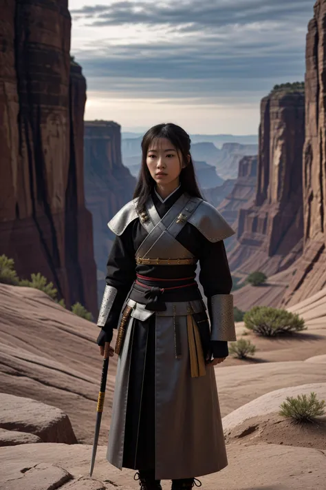 female samurai warrior, in the reflective light of a glass city, vast canyon system with intricate rock layers in background. Award-winning, professional, highly detailed. <lora:picxer_real:0.7>, (HDR, High Dynamic Range, vibrant colors, high contrast, detailed, UltraHD, 8K, cinematic, 80mm, high detail)