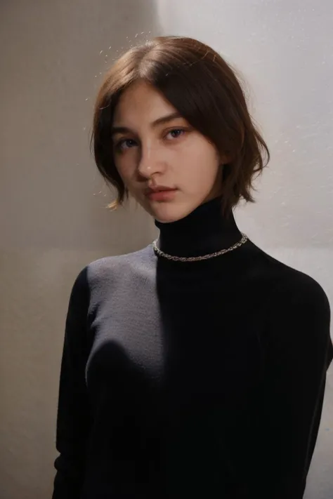 (masterpiece, best quality, hyper detailed), indoor, girl, 18yo, (blonde) messy hair, (black) (turtleneck sweater), (necklace), blue eyes, low key, light, shadow, <lora:DarkLighting:0.8> <lora:ReaLora:0.7000000000000001>