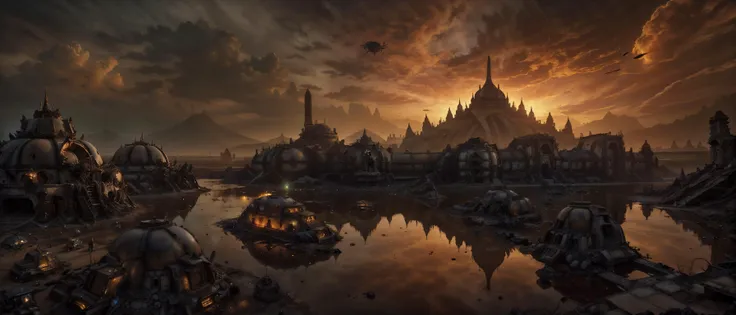 a photograph of human slaves, alien soldiers, post apocalyptic, destroyed cities, alien attack, <lora:mshn:0.7> wasteland, machinery buildings, ramayana warfare, <lora:Thai_temple:0.2> destroyed borobudur temple, heavenly aura, scenery, boats, water reflection, <lora:CosmicLandscapes:0.2> cosmiclandscapes, river, sun, desert, <lora:to8contrast-1-5:0.8> sunset, gloomy, to8contrast, horror, fallout, <lora:XSArchi_127:0.3> science fiction