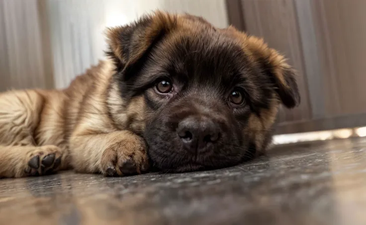 a brown puppy lies on the ground and looks at the viewer, very cute, indoor, (bokeh), close-up, epiCPhoto, <lora:pytorch_lora_weights:0.5>, <lora:picxer_real:0.7>, <lora:more_details:0.6>