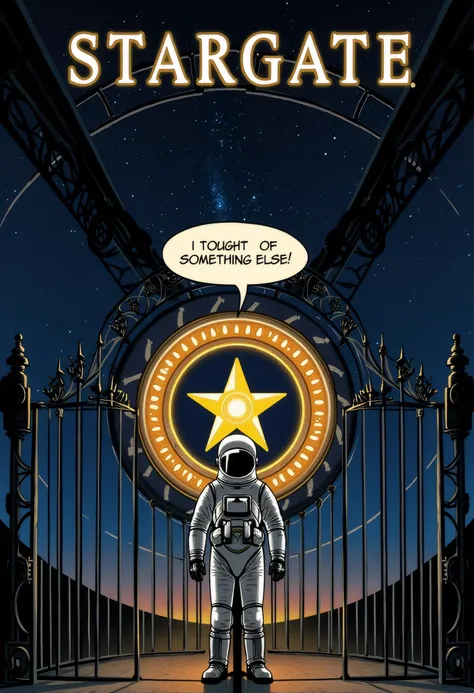 A poster with the title "Stargate" on top. There's an iron gate wirh a golden star, and an astronaut over it. Over the astronaut a comic baloon says "I Tought Of Something Else"