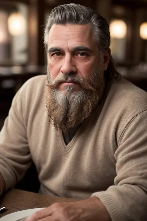Rugged scruffy weathered old man, a portrait of a handsome man with a rugged, thick beard, longer hair slicked back, capturing a slightly befuddled expression, he is sitting at the table, focus is on his facial expressions and the subtle details like the texture of his long beard and the glint in his eyes, cozy, moody cinematic atmosphere, soft cinematic light, RAW photo, dreamy soft focus, detailed photo, gorgeous, shallow depth of field, bokeh, volumetric lighting, iridescent skin, (surreal:0.4), hyper detailed photorealistic life-like accurate proportional 8k sharp focus, (accurate cinematic lighting), photorealistic