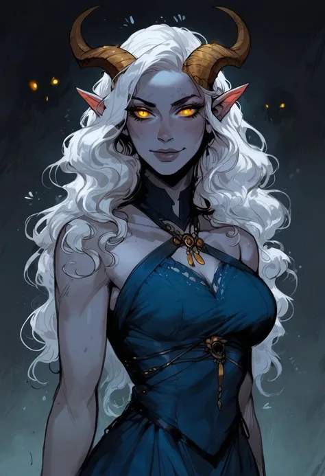 score_9, score_8_up, score_7_up, BREAK,
1girl, portrait, beautiful, tiefling cleric, white hair, (long hair:1.3), slightly wavy hair, side bangs, ivory ram horns, long tail, grey skin, blue dress, yellow eyes, glowing eyes, (smug:0.85), (medium breast:1.25), dramatic lights
<lora:Fant5yP0ny:0.6> <lora:fantasy_world_pony:0.9> <lora:Cherry-Gig:0.55>