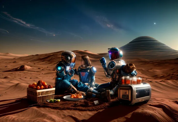 a (((picnic scene on the surface of Mars))). Show a group of future human colonists in ((futuristic spacesuits)) sitting on red Martian rocks, surrounded by a sparse, rocky landscape. BREAK, Include picnic items such as (futuristic picnic baskets), food such as Martian-Grown Vegetables and Small containers of fruit compotes made from Martian-grown fruits such as tangy Martian strawberries and sweet Martian melons and Vacuum-sealed pouches containing Martian-filtered water infused with subtle hints of local herbs and spices and Martian Bread loaves. BREAK, (olympus mons dominates the background) under a (pinkish Martian sky with Earth-like clouds). BREAK, The picnic scene is not just a meal but a celebration of ((human adaptation to the challenges of Mars colonization)), set against the backdrop of the vast, rocky Martian landscape. BREAK, (((masterpiece))), (((best quality))), raw photo, dslr, shot by don mccullin, professional photography, hyperrealistic, 8k uhd, instagram style, Porta 160 color, shot on ARRI ALEXA 65, extremely detailed, ultra-realistic, BREAK, <lora:more_details:1.5> <lora:GlassTech-20:.7> glasstech, transparent, scifi <lora:DonMMy5t1c4l-000006:.7> donmmy51ic4l, sci fi, futuristic