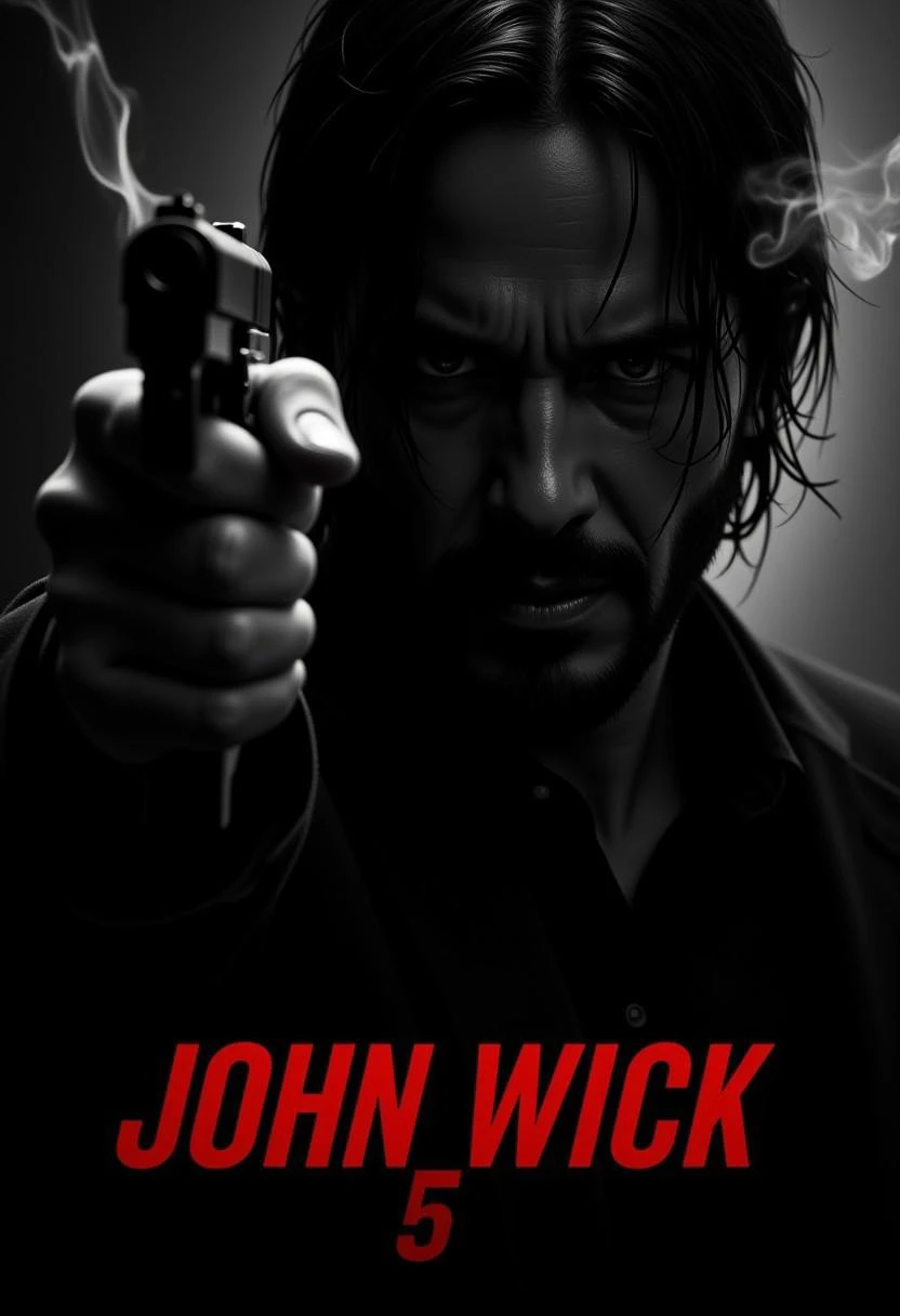 Cinematic style, Realistic, Photorealistic, Chiaroscuro, Beauty, High Quality,
"Close-up, dramatic black and white portrait of a man with a tense expression, holding a gun pointed upward, thin swirls of smoke around him, long wild hair covering part of his face, harsh noir style lighting, title John Wick 5." in red text at the bottom, in the style of a cinematic poster." This clue describes the main character as a man with a tense expression holding a gun, with elements such as smoke, wild hair, dramatic lighting, and red title text at the bottom, matching the style of a gritty action movieer. Stable Diffusion will be able to create a similar dark cinematic portrait image using this detailed hint.