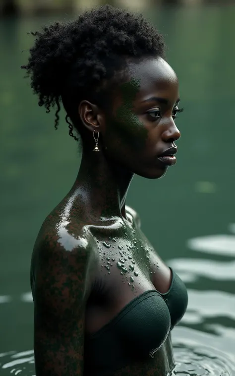 photograph of a natural african goddess of water,full body,clothing made of water,photorealistic masterpiece in the style of Aaron Horkey and Jeremy Mann,highly detailed,sharp focus,cinematic lighting,photograph by Martin Schoeller,