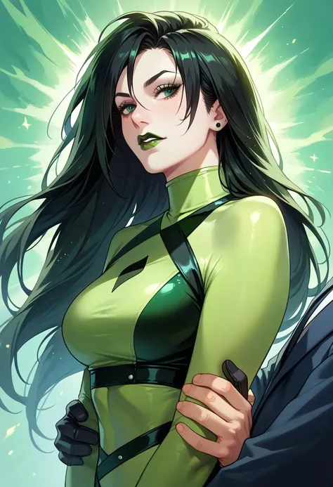 She has long, curly black hair, light green eyes and caramel skin.
worn Catsuit lime green . SPARKLE; GLITTER.