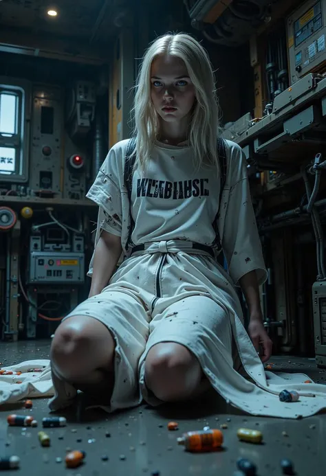 Subject: A lone girl with long white hair and striking blue eyes. mythp0rt, Warmechai, glowing, glow,
Outfit: She is wearing a white hospital gown, printed with the words "Experiment 002 Welcome to Future" in bold text.
Position: The girl is lying on the floor in a resigned position, with her face looking weak and melancholic.
Environment: The room appears to be a dimly lit, futuristic hospital or lab setting. In the background, there are sci-fi hospital equipment, advanced machines, computers, mechanical parts, and elements resembling a server room or data center.
Foreground details: A pill bottle has been spilled near her, with various capsules and tablets scattered on the floor.
Overall mood: The scene conveys a sense of sadness and isolation, combining sci-fi elements with a somber, emotional tone.